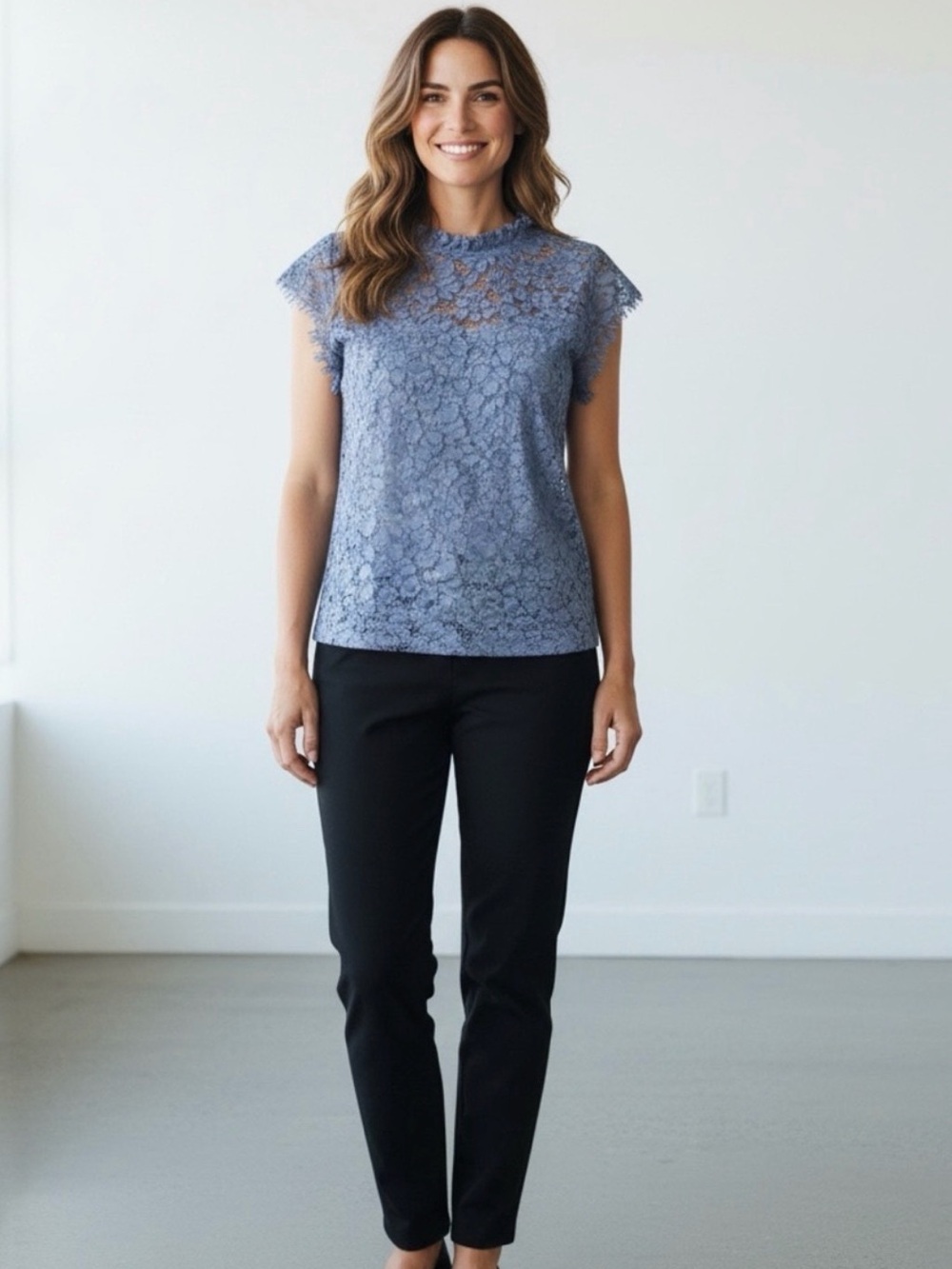 White House Black Market Blue Lace Cap-Sleeve Blouse